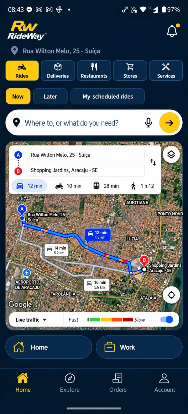 RideWay app layout with rides, deliveries, restaurants, stores, services and a route map in Aracaju.