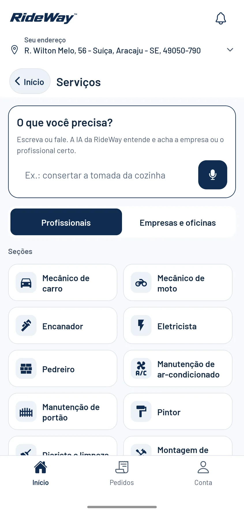 Services screen of the RideWay app (in Portuguese), with the What do you need field, the Professionals and Businesses and workshops tabs and the categories