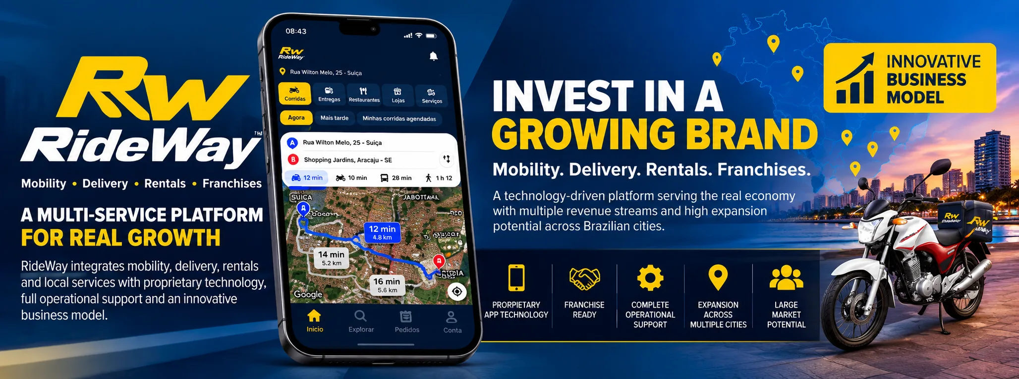 RideWay presentation: mobility, deliveries, rentals and franchises, with an app screen and motorcycle.